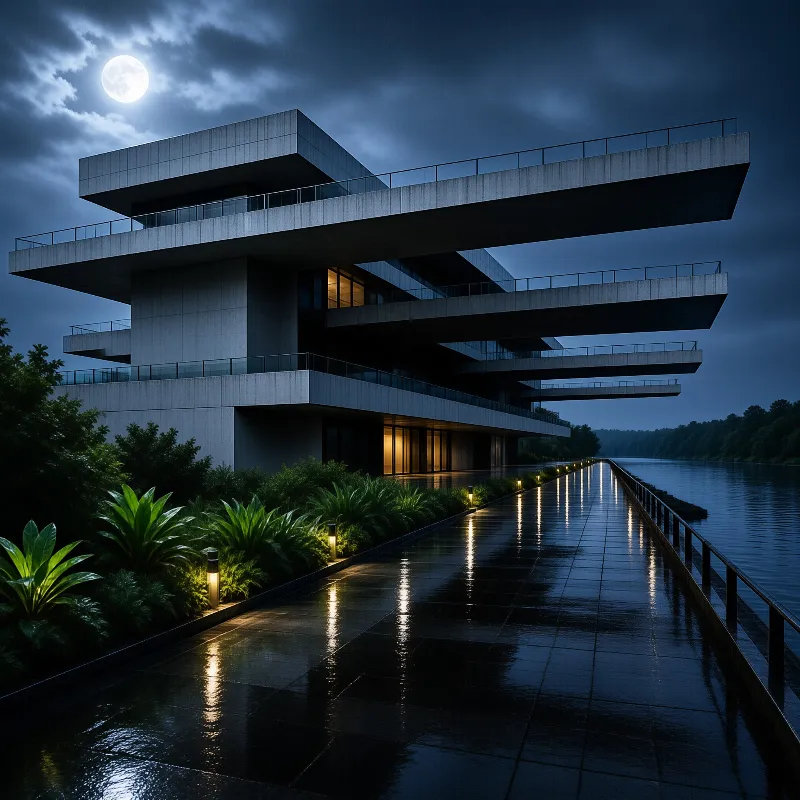 A multistory structure sits along a wet riverside promenade illuminated by warm lights and a large full moon.