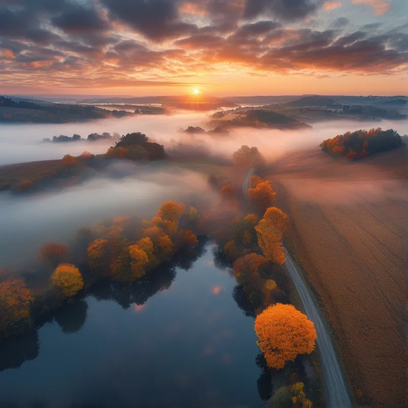 Aerial view of a still river winding between orange treetops, with low cloud drifting over fields toward a rising sun