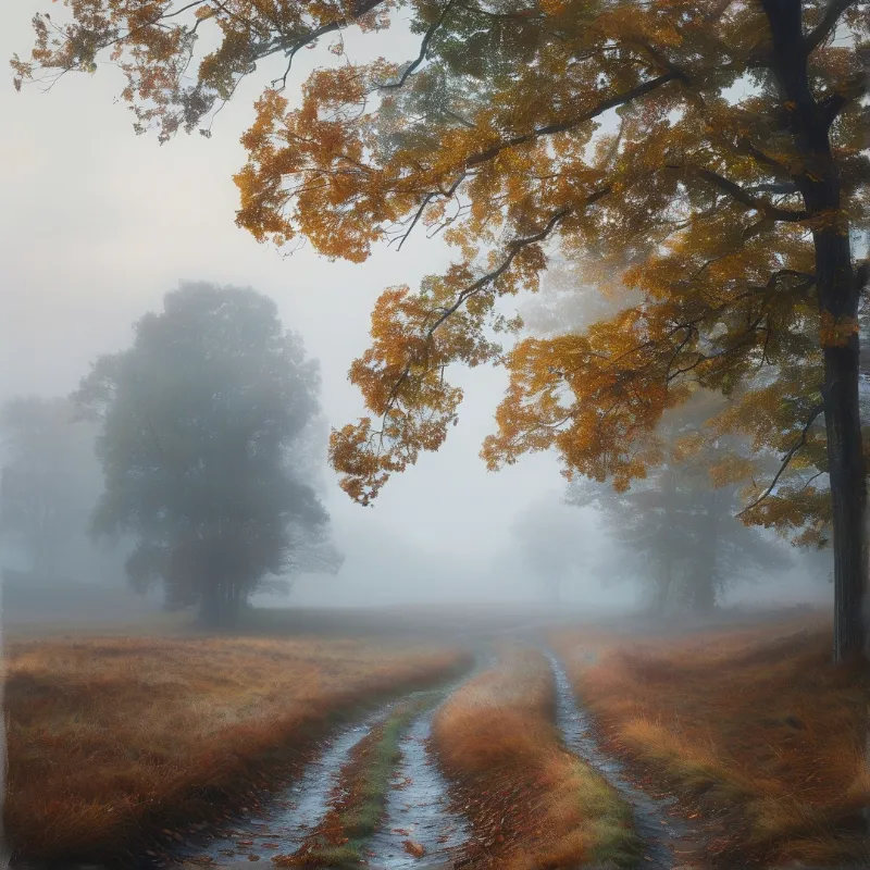 Wet tire ruts lead away across dry grass towards trees obscured by dense morning fog.