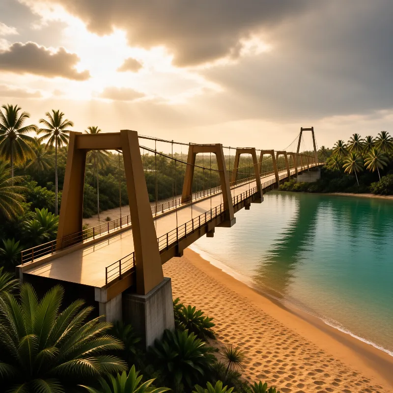 A golden truss bridge spans a calm turquoise bay beside a sandy shore lined with palm trees under a glowing cloudy sky.