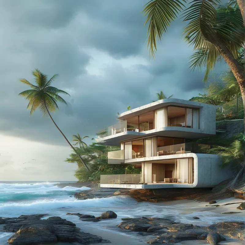 A white multi-story villa sits on a cliff overlooking the ocean under a cloudy sky with palm trees.