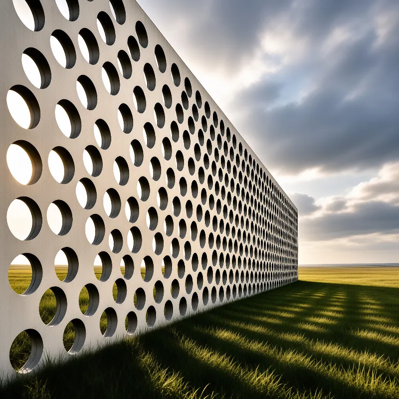 A tall perforated wall with a regular pattern of round holes dominates the left side of a grassy landscape, creating a rhythmic shadow pattern on the ground under a dramatic cloudy sky.