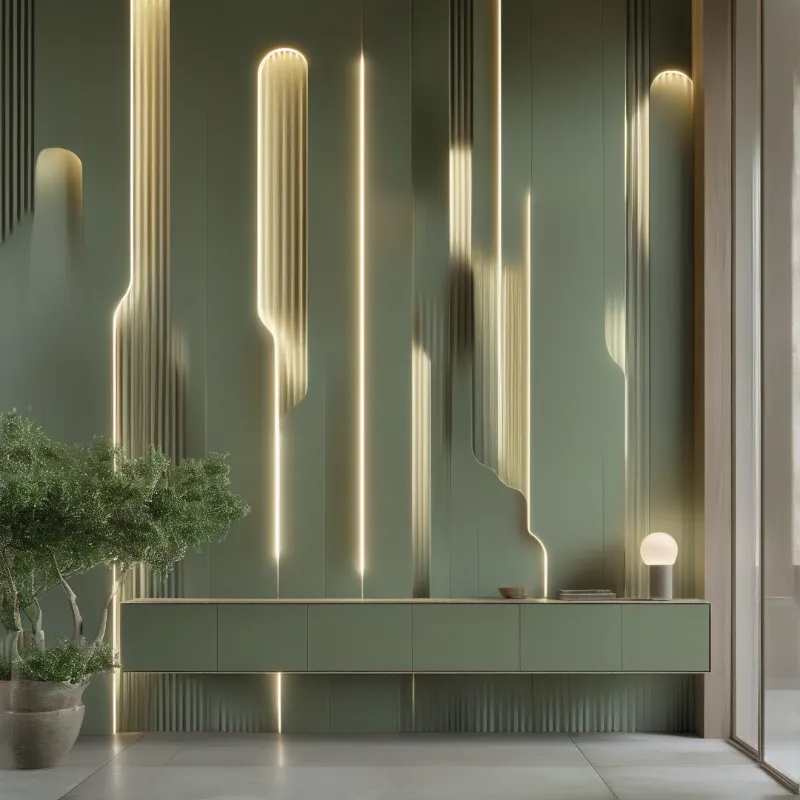 A modern interior wall features vertical slats with warm recessed lighting above a matching floating cabinet.