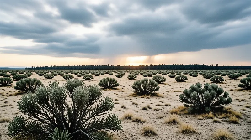 Rows of low green shrubs scatter across pale sand beneath a heavy sky lit by a setting sun.