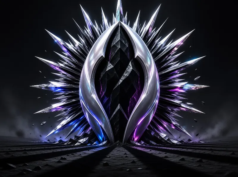 A large silver gate surrounded by sharp spikes rises from a dark landscape glowing with purple and blue light.