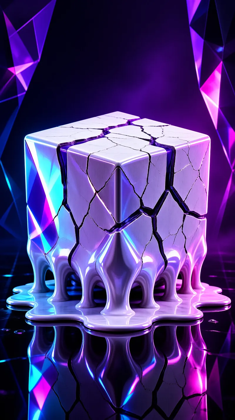A white marble cube splits with dark fissures and drips into glossy puddles, lit by electric blue and magenta neon shards.