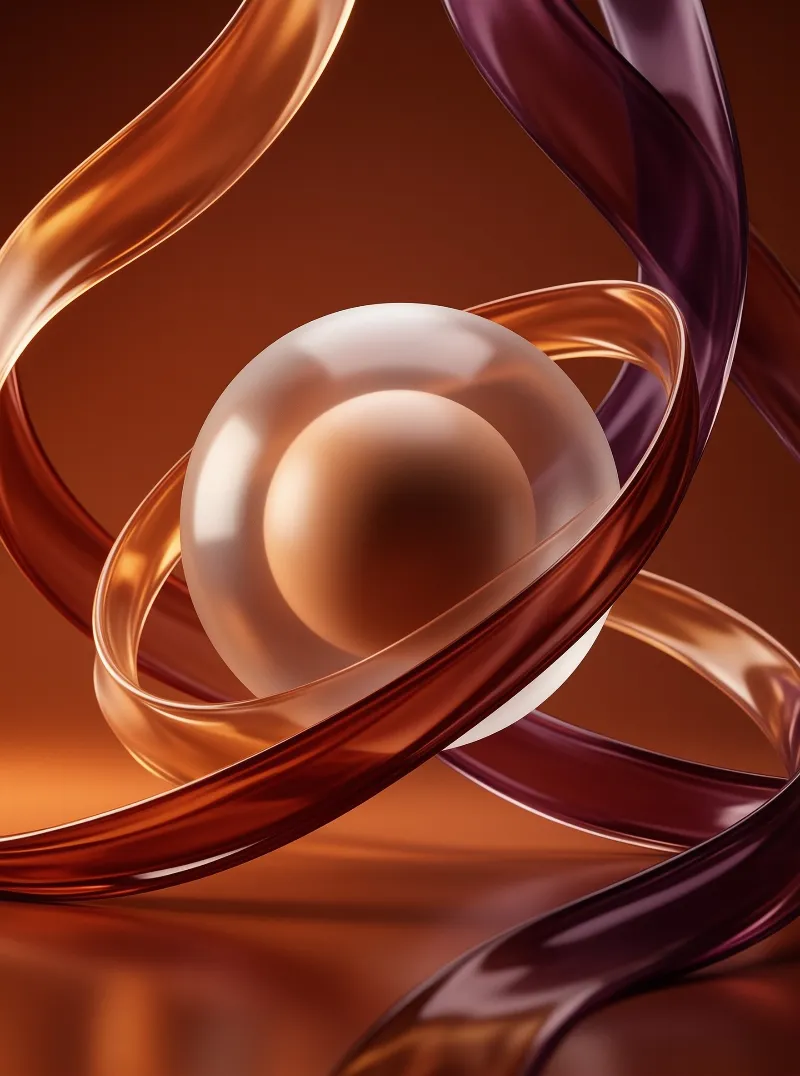 A glossy central sphere is wrapped by twisting ribbons of warm amber and brown material.