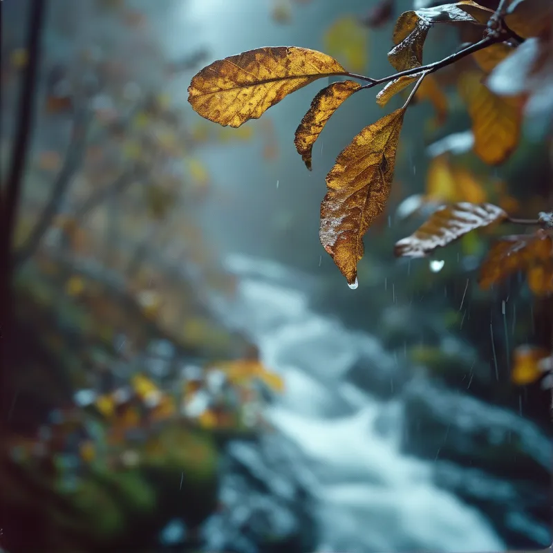 Copper-toned leaves hang from a thin branch, one tip weighted with a clear drop of water.