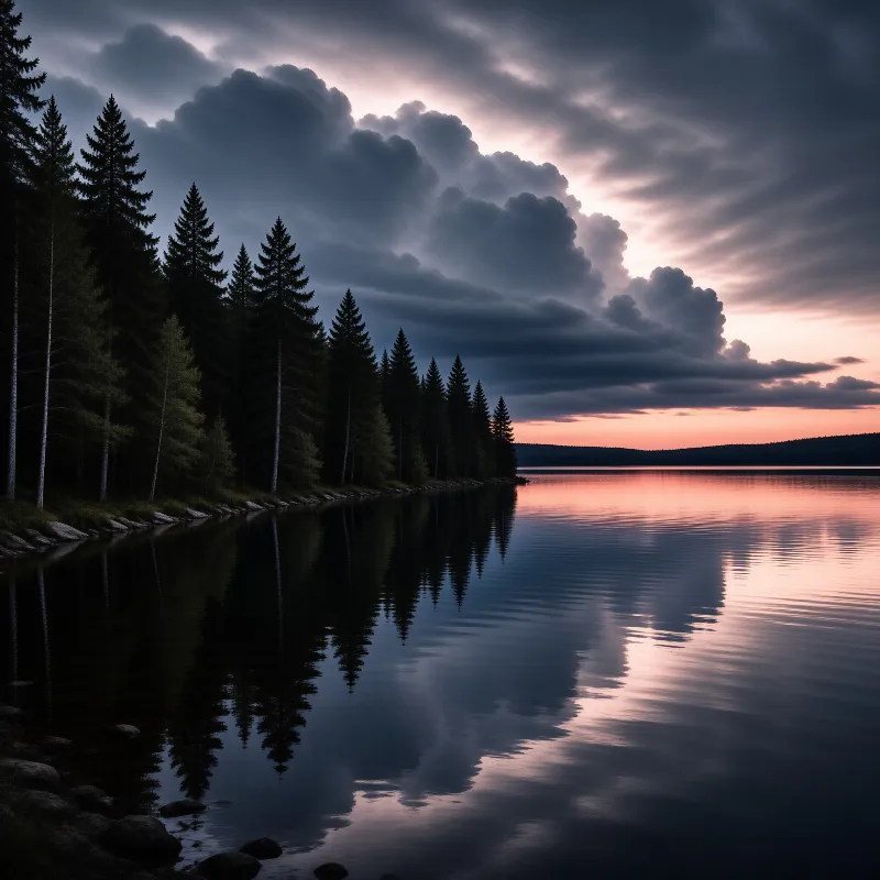 Tall evergreen trees stand along a lakeside reflecting the dramatic pink and blue sunset sky above.