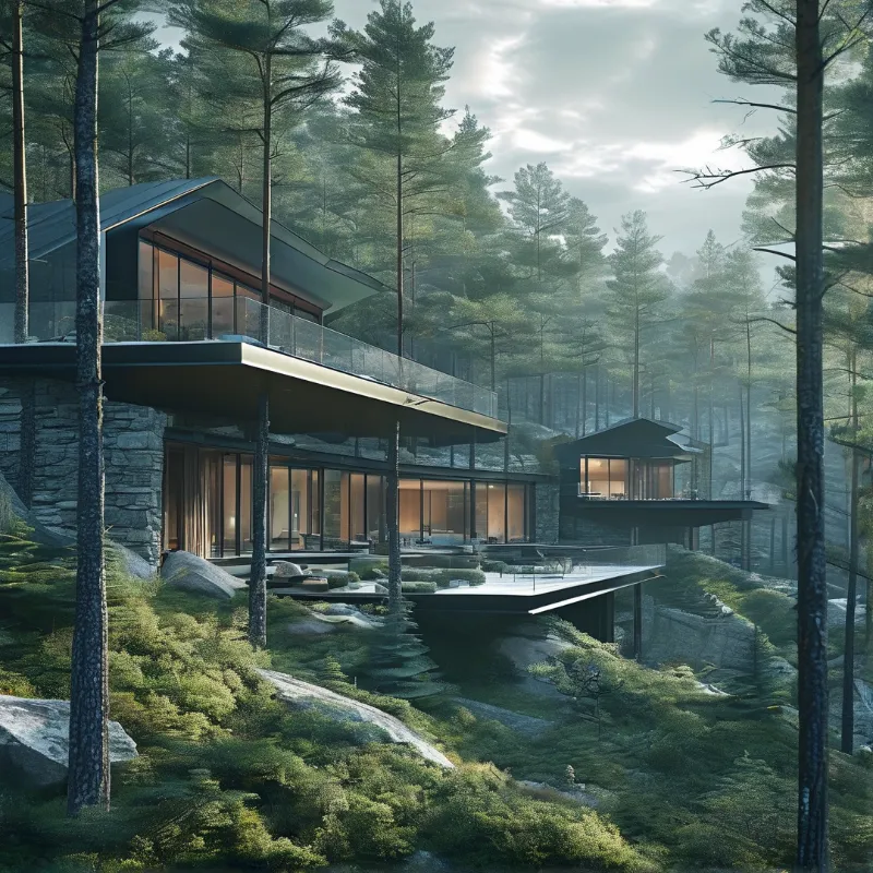 A stone and glass cabin with cantilevered decks is nestled into a misty pine forest on a hillside