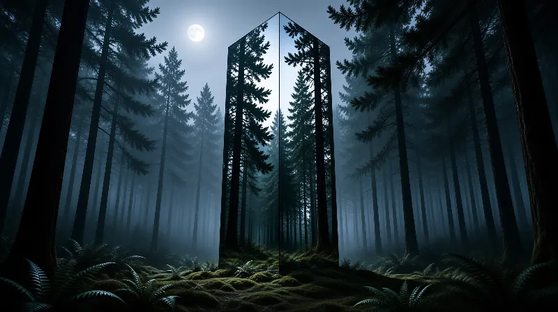 A large mirror stands in a foggy pine forest reflecting the trees and sky under a bright full moon during the night.