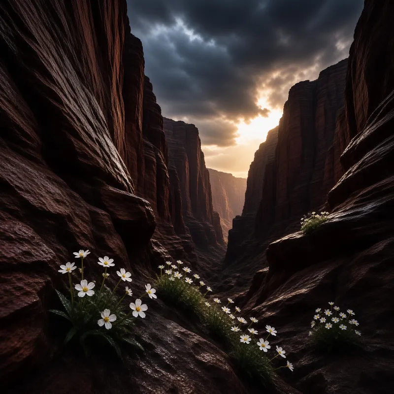 Clusters of white daisies grow on dark stone ledges as sun bursts through storm clouds at the end of a towering red canyon.