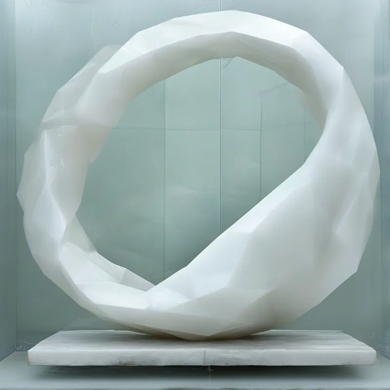 Angular white sculpture resting on a marble slab within a frosted glass enclosure with diffused lighting.