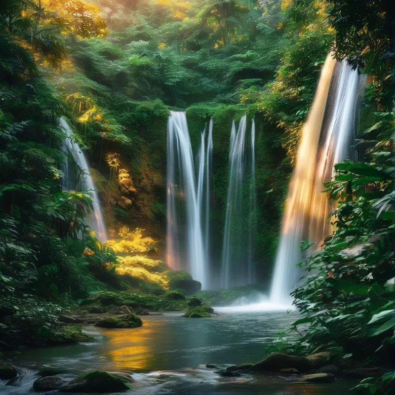 Sunlit Forest Waterfalls