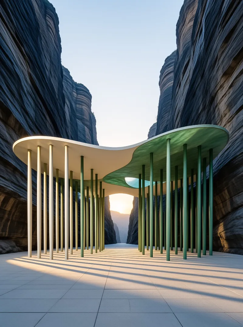 A white and green curvilinear canopy stands on slender pillars inside a steep rocky canyon as sunlight casts shadows.
