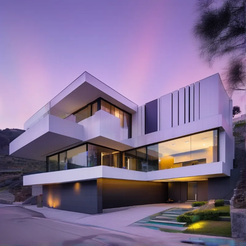 A sleek white structure with extensive glazing stands on a hillside as the sky turns shades of pink and purple.
