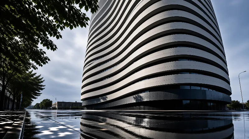 A curved white building with horizontal bands stands beside a wet road where its reflection is visible under a cloudy sky.