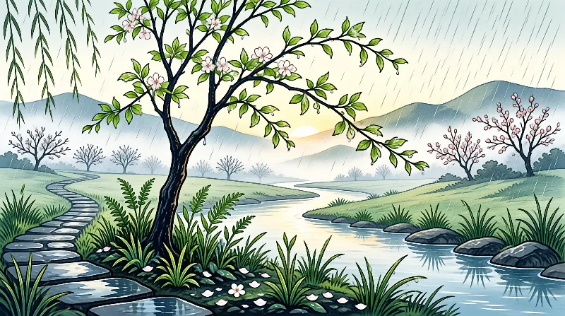 A flowering tree with pink blooms stands on a grassy bank beside a winding stream while rain falls over hills.