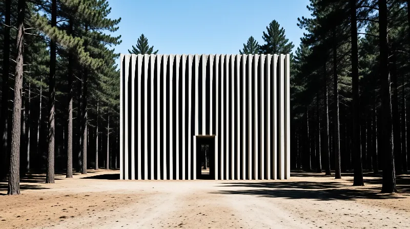 Evenly spaced white vertical blades form the facade of a minimalist chapel like structure deep in a pine wood