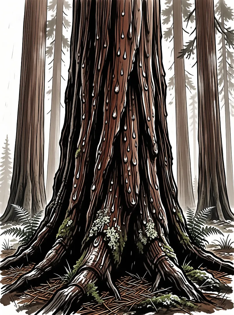 A large illustrated tree trunk dominates the frame with white droplets running down the brown bark.