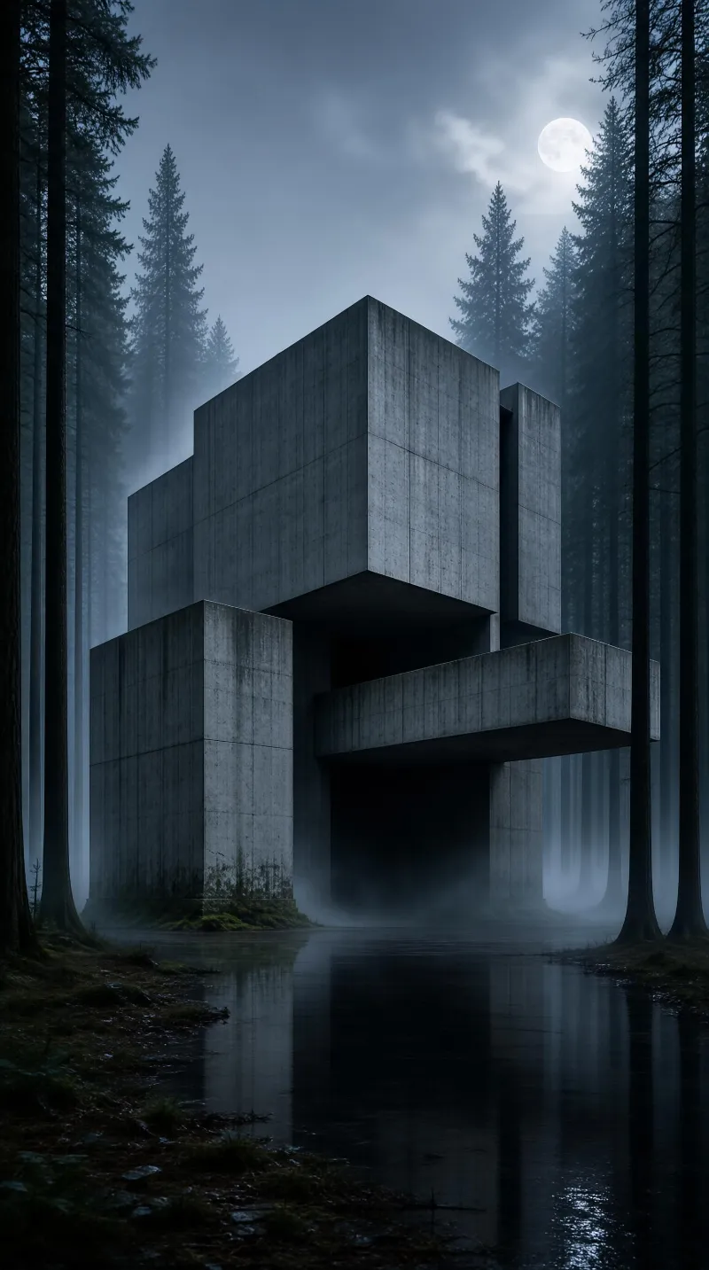 Brutalist Structure in Misty Forest