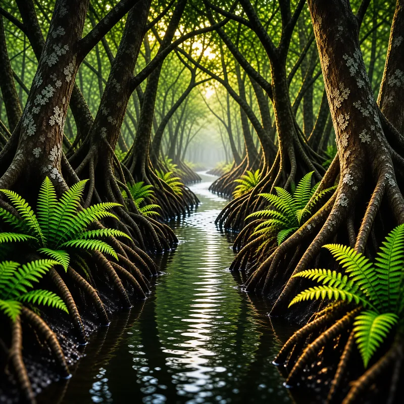 Massive roots flank a dark stream where ferns grow and sunlight filters through the canopy toward a misty distance.