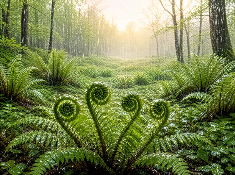 Young coiled fern fronds with water droplets in a dense forest during rainfall with sunlight shining through the haze