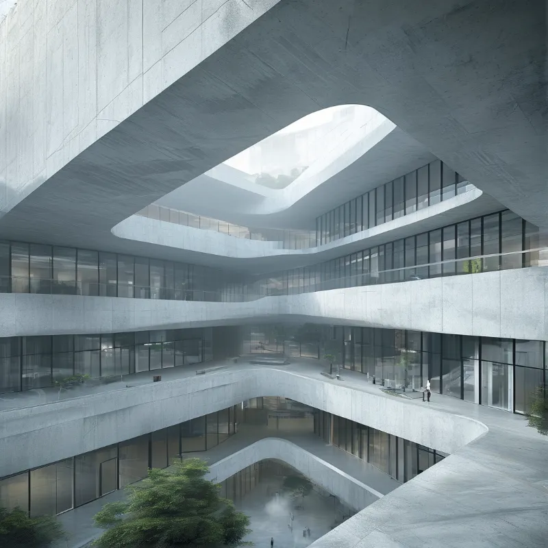 A multi-story concrete building features curved walkways and glass walls surrounding a misty courtyard with trees at the bottom level.