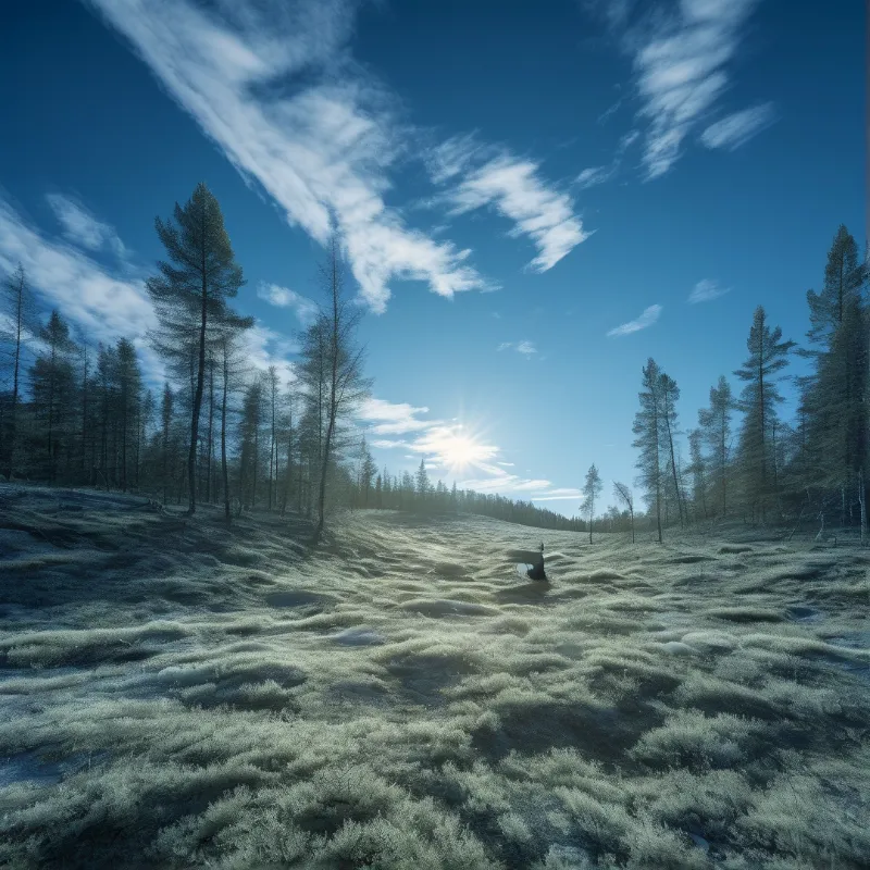 Low winter sun bursts between slender larches above a rolling carpet of pale reindeer moss.