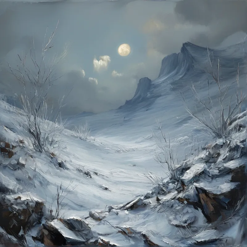 Oil-painted moonlit mountainside of crusty snow and bare winter shrubs beneath a pale moon in drifting clouds.