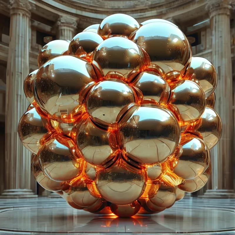 A large cluster of reflective gold bubbles rests inside a stone colonnade with bright highlights.