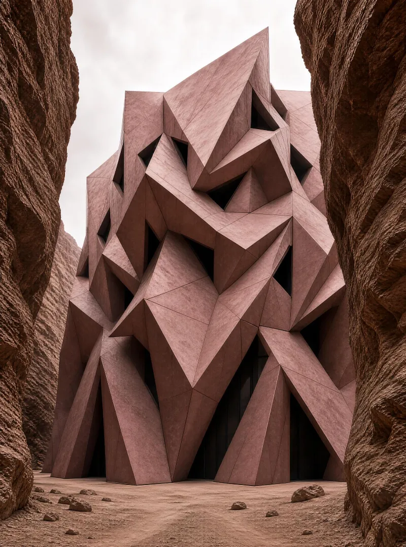 A polygonal concrete building with irregular geometric shapes stands between two red rock canyon walls under soft overcast light