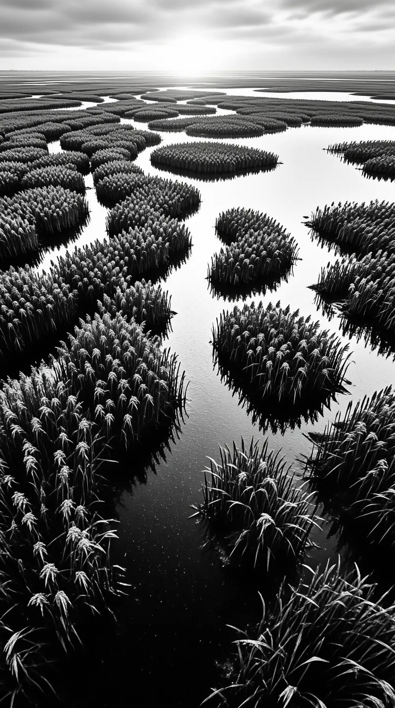 Dense reed clusters emerge from dark water, creating a maze-like pattern of channels in this monochrome wetland landscape.