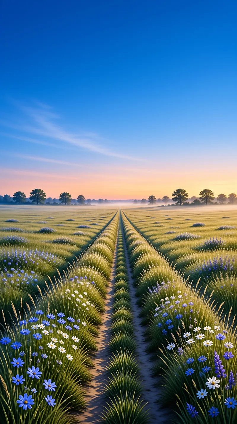 Central dirt path guiding through green crops with blue and white wildflowers beneath a soft orange and blue sky.