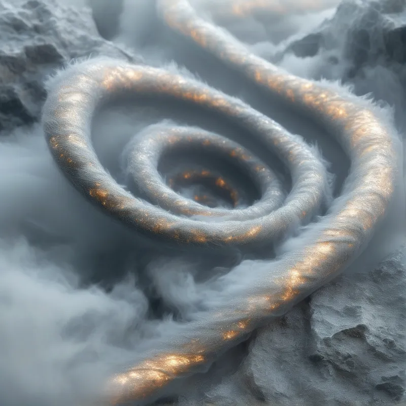 A soft furred ribbon curls inward on itself among grey mist and pale rock, its surface flecked with warm metallic glints.