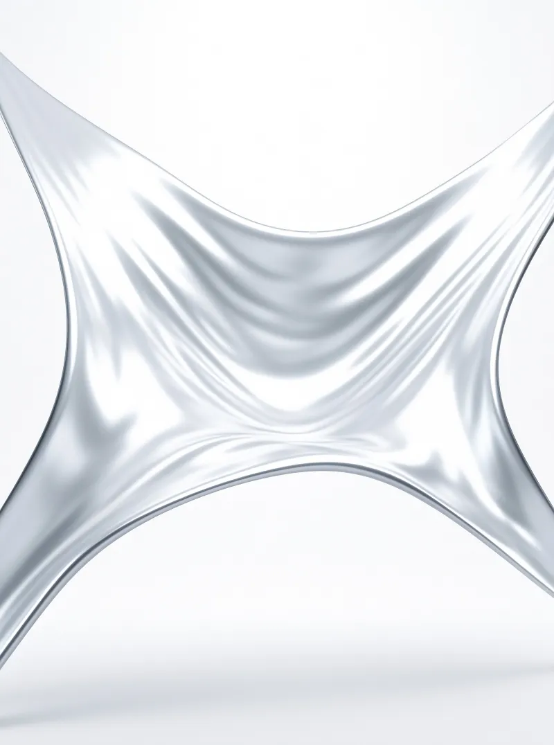 A polished silver shape curves dynamically against a plain white space with bright highlights.