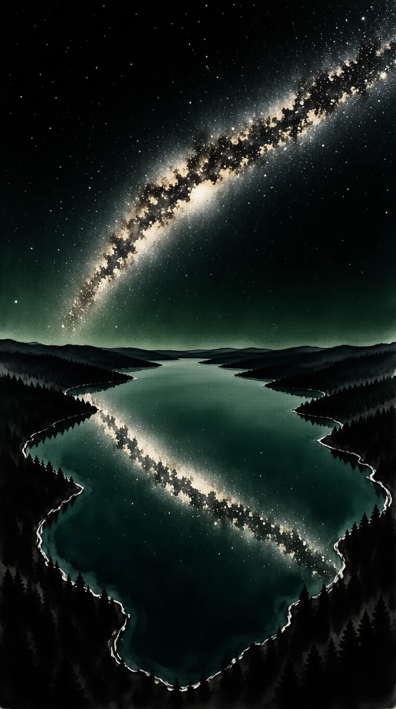 A dark lake surrounded by pine trees mirrors the bright stars and the galaxy spanning the night sky above.
