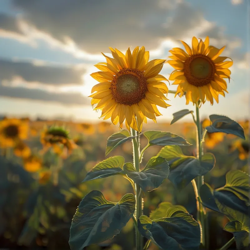 Two bright sunflowers stand in a field at sunset, surrounded by lush leaves and bathed in warm golden light.