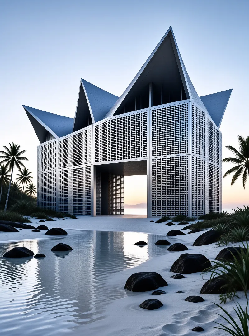 A bright geometric hall with pointed roof fins and lattice walls opens onto a lagoon at dawn, framed by palms and stones