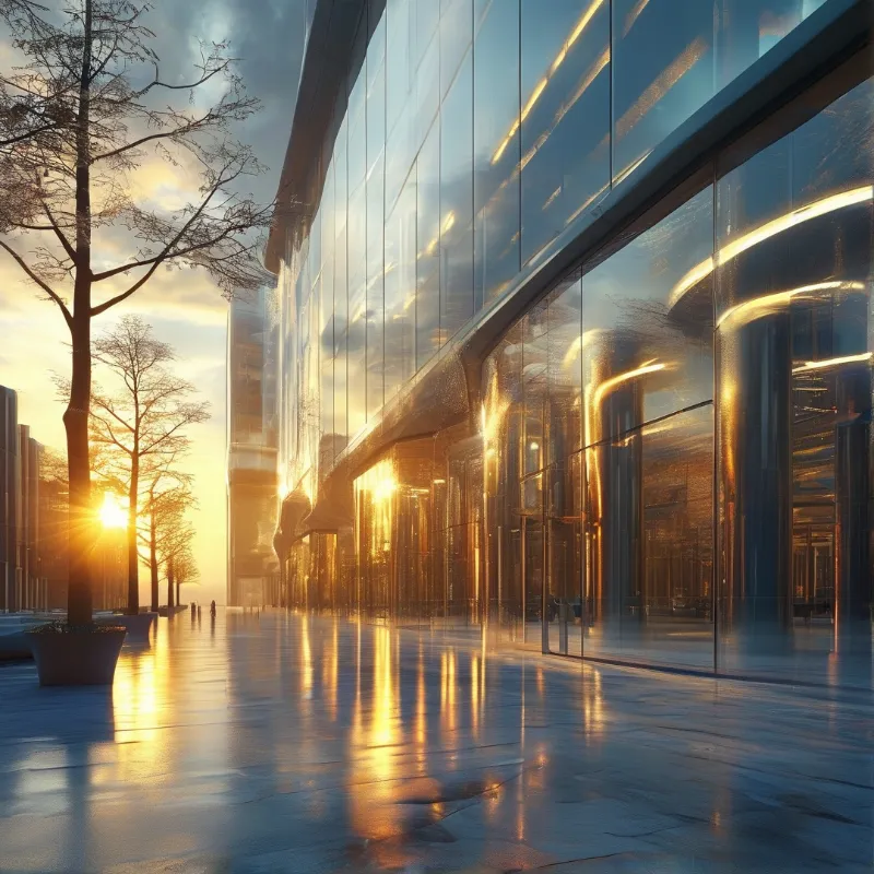 Modern Glass Building at Sunset