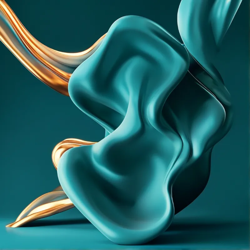 A glossy teal sculpture billows like molten fabric while thin ribbons of liquid gold curl around its folds.