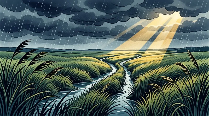A winding river flows through green grasslands while dark rain clouds surround golden sunbeams breaking through the sky.