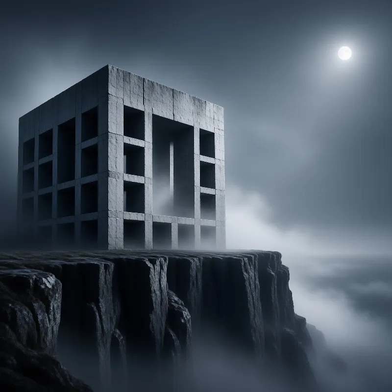 A large concrete grid structure stands on a dark rocky cliff edge surrounded by mist under a bright full moon.