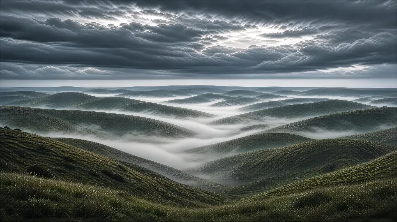 Rolling Hills and Misty Sky