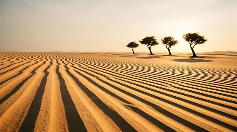 Four acacia trees stand in a row on the horizon above vast golden sand ripples in warm sunlight casting long shadows.