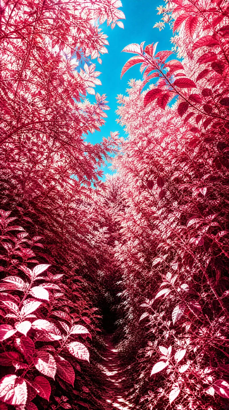 A narrow path winding through dense pink-leaved foliage with bright blue sky above