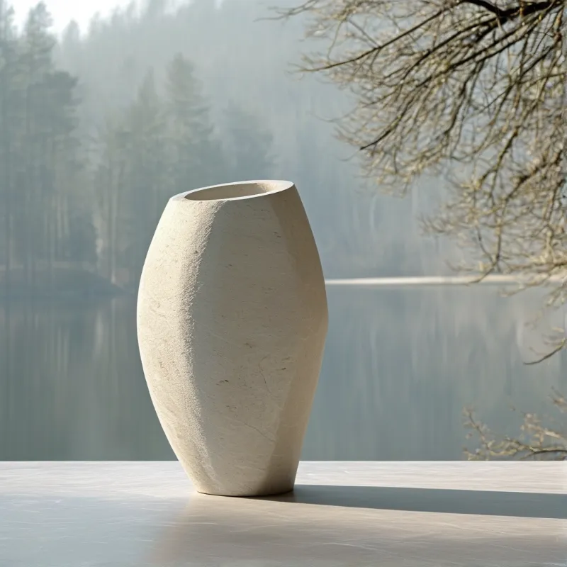 A textured vase sits on a stone ledge overlooking a calm lake and foggy pine trees in soft light.