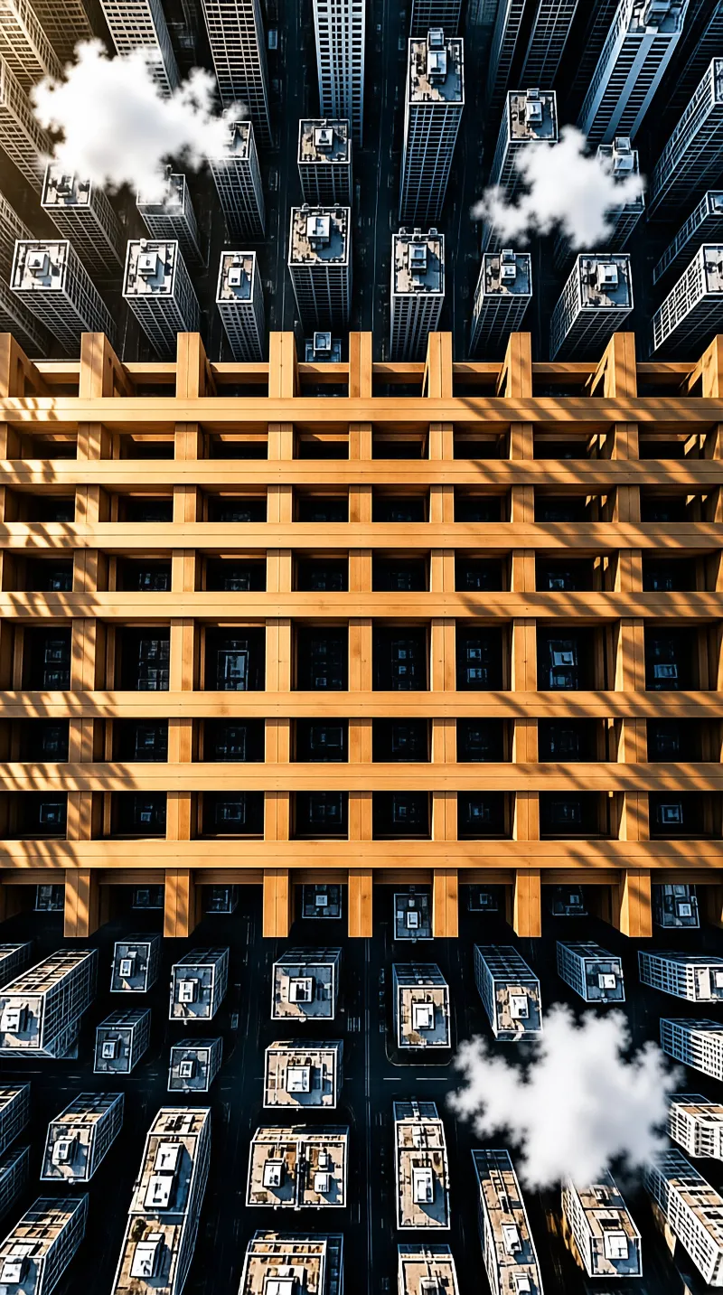 A massive golden wooden grid structure hovers between floors of dark skyscrapers with white clouds drifting nearby.