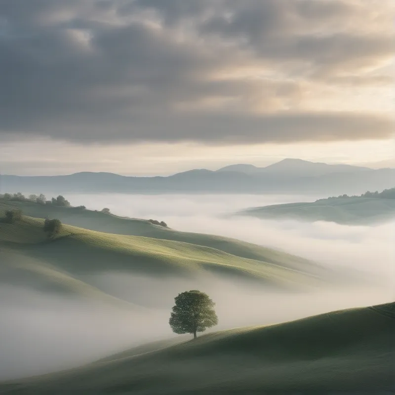 Solitary Tree in Misty Hills