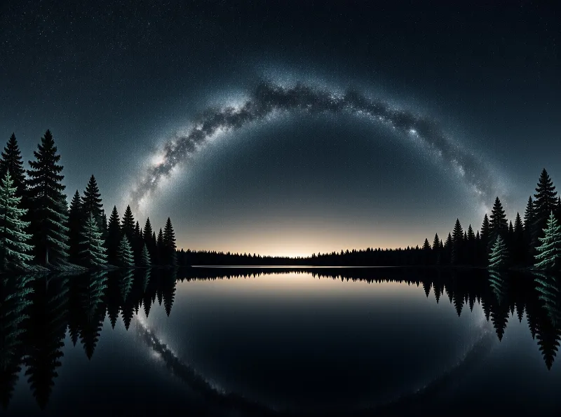 The Milky Way arches over dark trees and a still lake that mirrors the stars and faint horizon glow.
